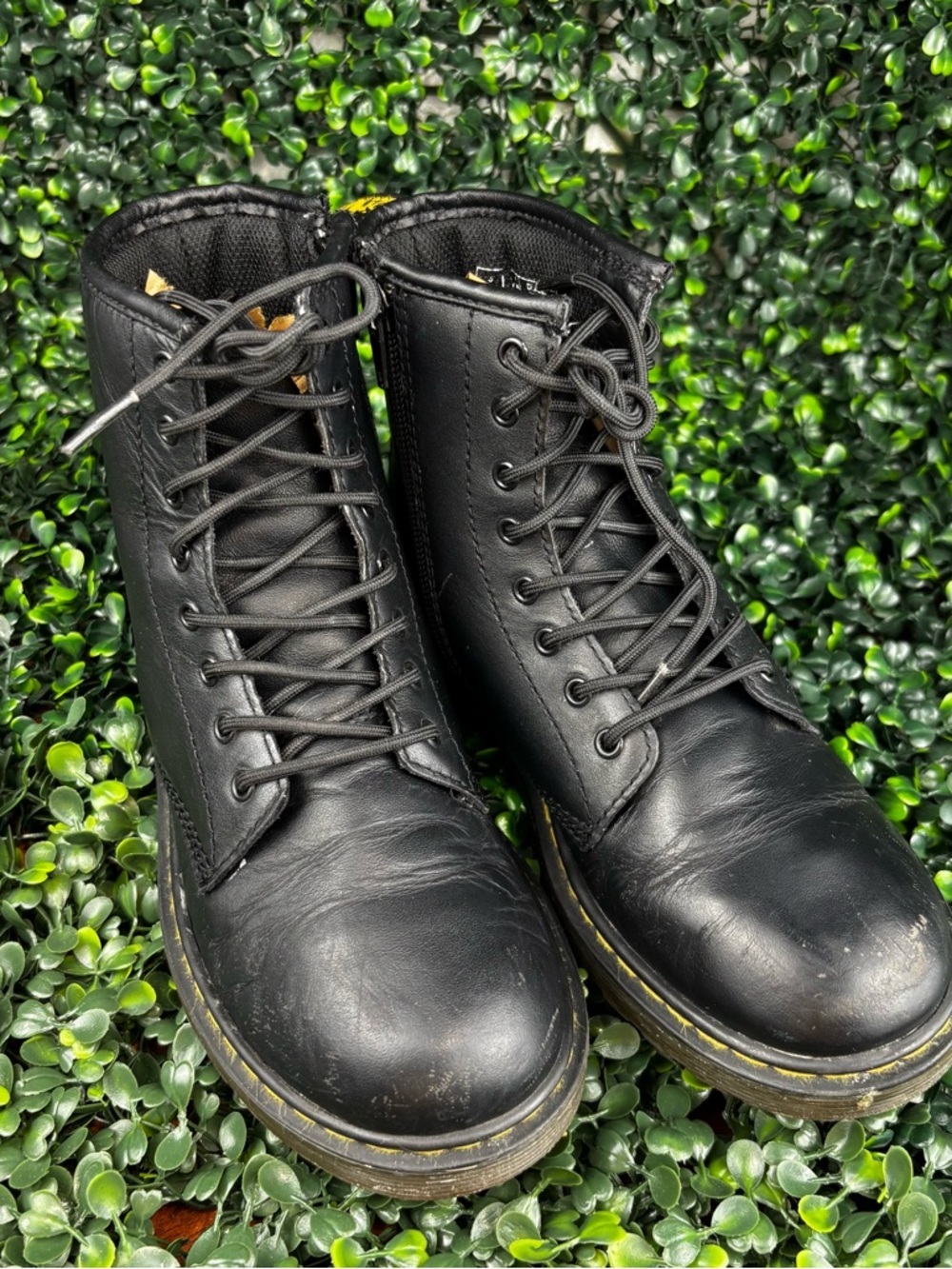 Dr. Martens Black Leather Combat Boots with Yellow Stitching Size 5 Woman